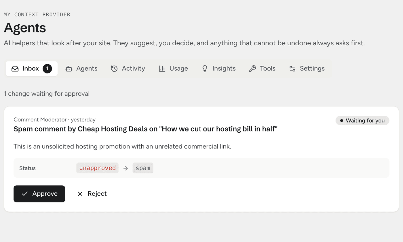 The My Context Provider inbox with one change waiting: mark a comment as spam, with the reason, the status before and after, and Approve and Reject buttons