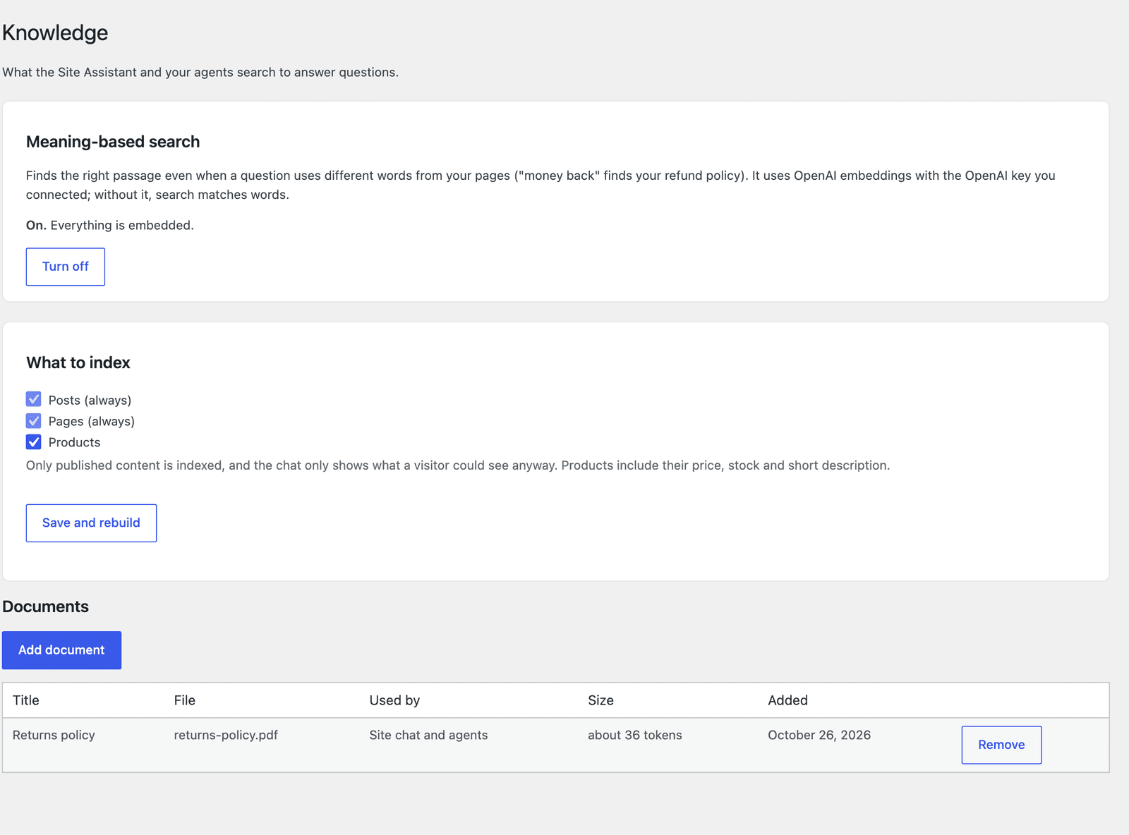The Knowledge page with meaning-based search switched on, the post types to index, and an uploaded returns policy document