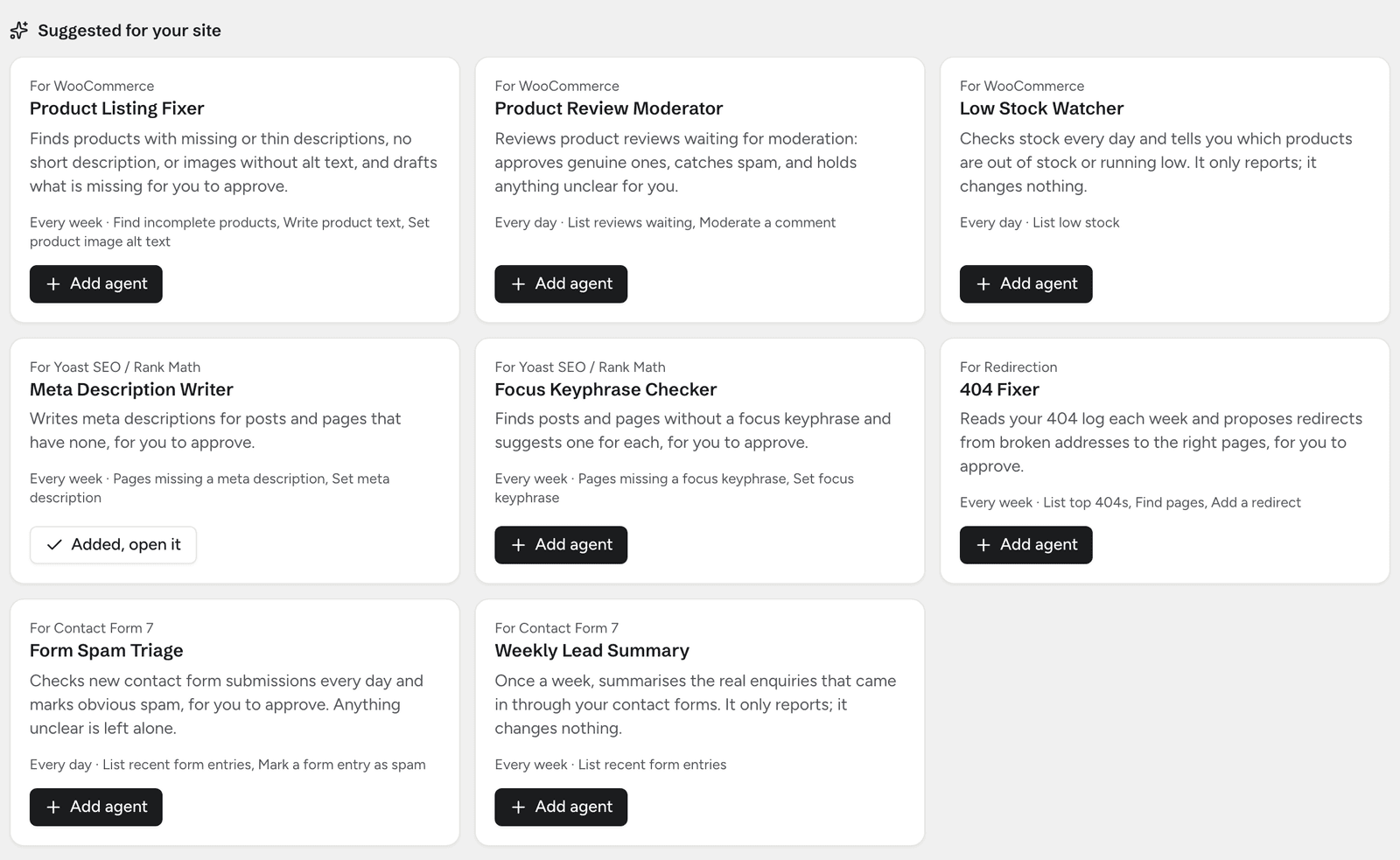 Suggested for your site: ready-made agents for WooCommerce, Yoast SEO, Redirection and Contact Form 7, each with an Add agent button