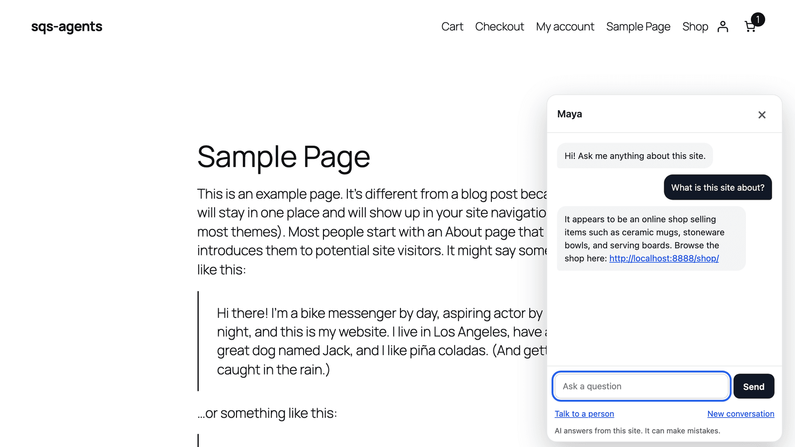 The site chat open on a page: a visitor asks what the site is about and the assistant answers from the shop’s pages with a link